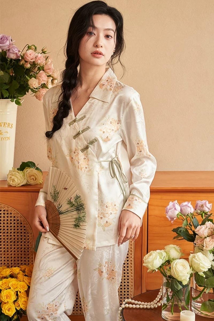 Silk Blend Japanese Kimono Wrap Pyjama Set | Oriental Floral Sleepwear | Frog Button Loungewear | Elegant Christmas Gift for Women