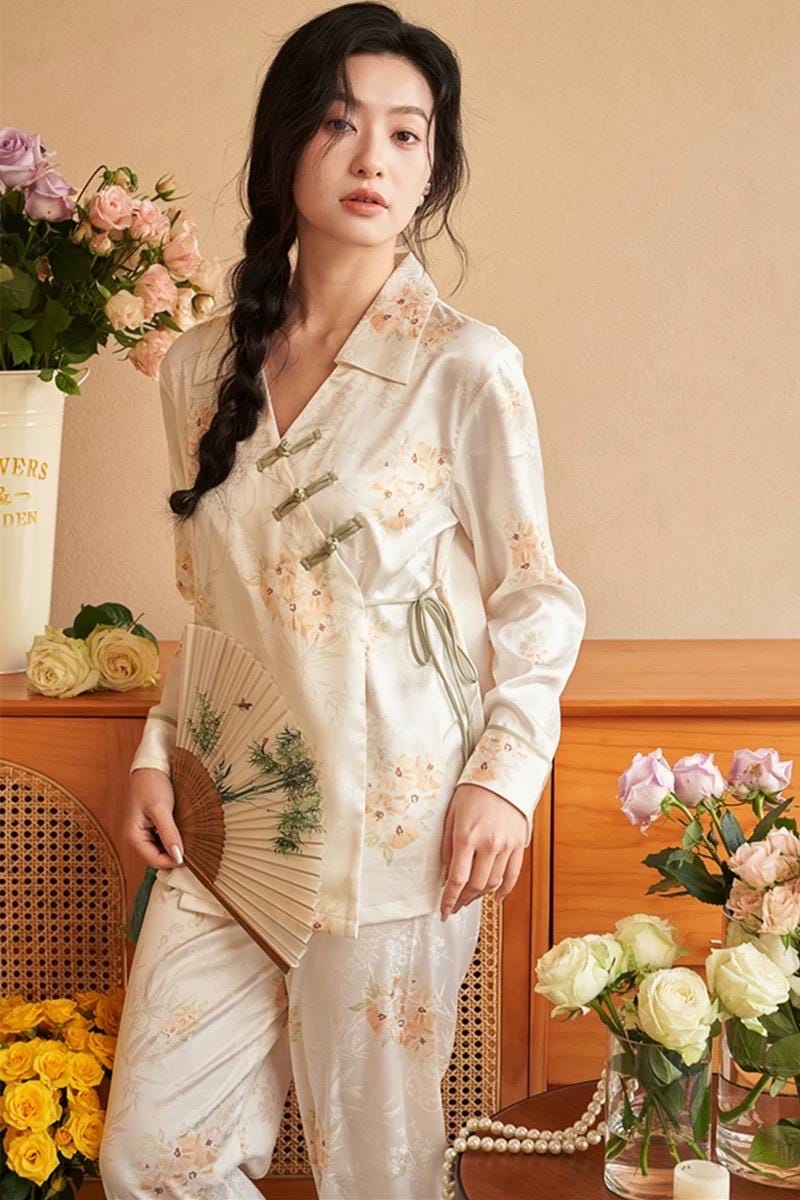 Silk Blend Japanese Kimono Wrap Pyjama Set - Frog Button Loungewear