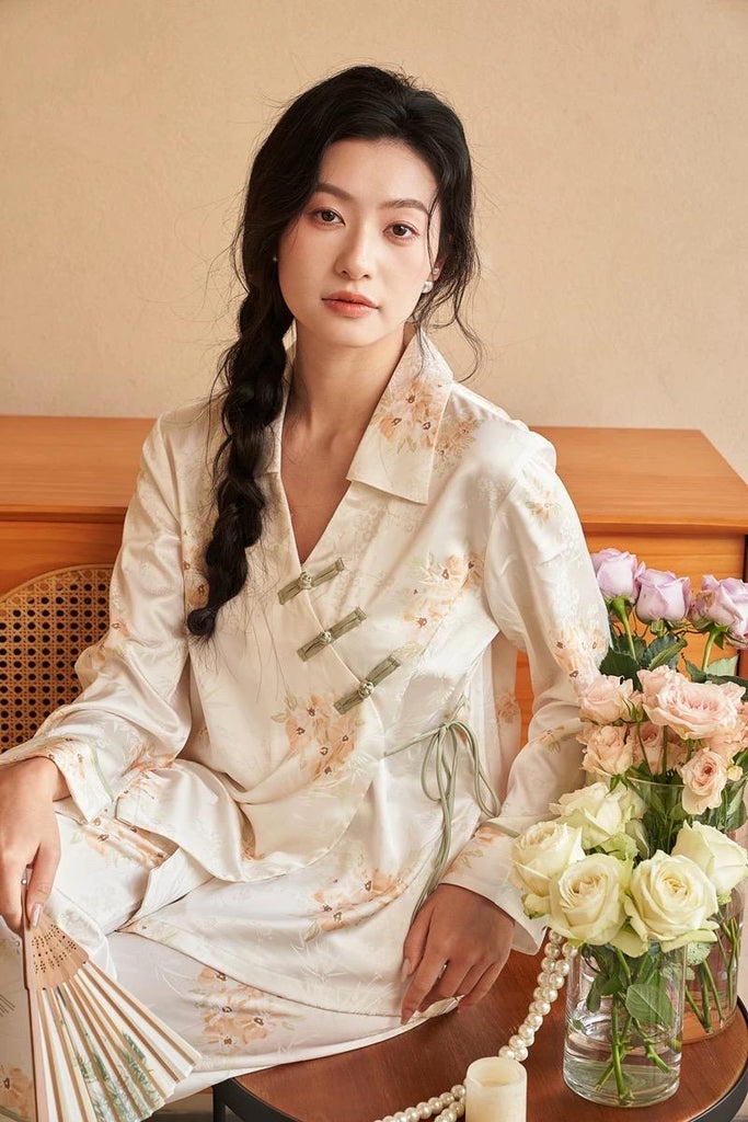 Silk Blend Japanese Kimono Wrap Pyjama Set | Oriental Floral Sleepwear | Frog Button Loungewear | Elegant Christmas Gift for Women