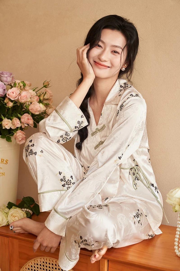 Silk Blend Japanese Kimono Wrap Pyjama Set | Oriental Floral Sleepwear | Frog Button Loungewear | Elegant Christmas Gift for Women
