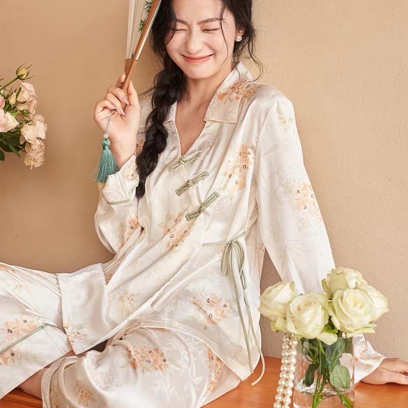 Silk Blend Japanese Kimono Wrap Pyjama Set | Oriental Floral Sleepwear | Frog Button Loungewear | Elegant Christmas Gift for Women