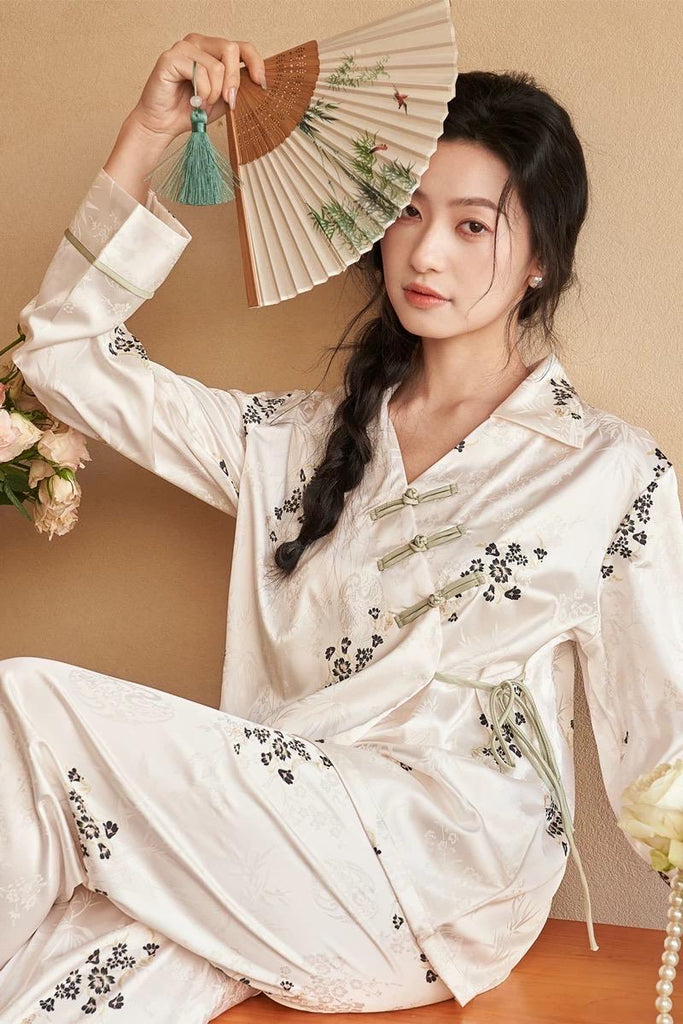 Silk Blend Japanese Kimono Wrap Pyjama Set | Oriental Floral Sleepwear | Frog Button Loungewear | Elegant Christmas Gift for Women