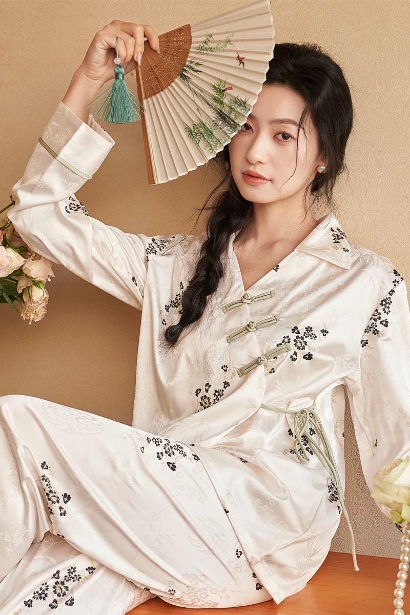 Silk Blend Japanese Kimono Wrap Pyjama Set - Frog Button Loungewear