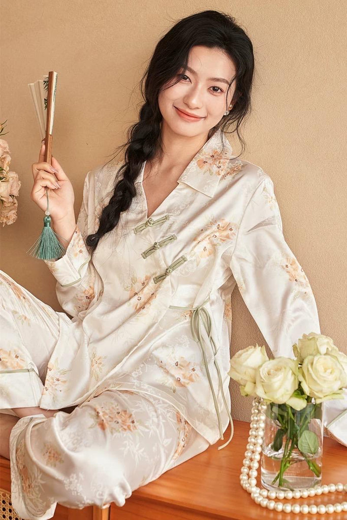 Silk Blend Japanese Kimono Wrap Pyjama Set | Oriental Floral Sleepwear | Frog Button Loungewear | Elegant Christmas Gift for Women