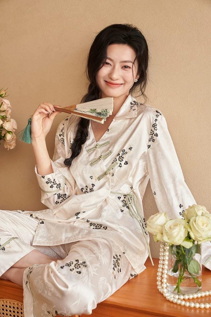 Silk Blend Japanese Kimono Wrap Pyjama Set | Oriental Floral Sleepwear | Frog Button Loungewear | Elegant Christmas Gift for Women