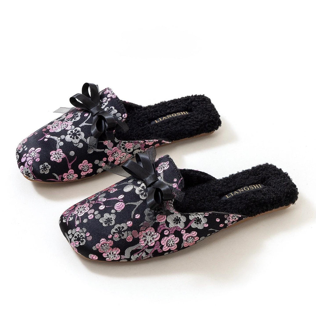 Women Winter Slippers - Japanese Kimono Style Slippers – Embroidered Sakura Oriental Charm