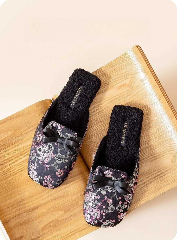 Women Winter Slippers - Japanese Kimono Style Slippers – Embroidered Sakura Oriental Charm