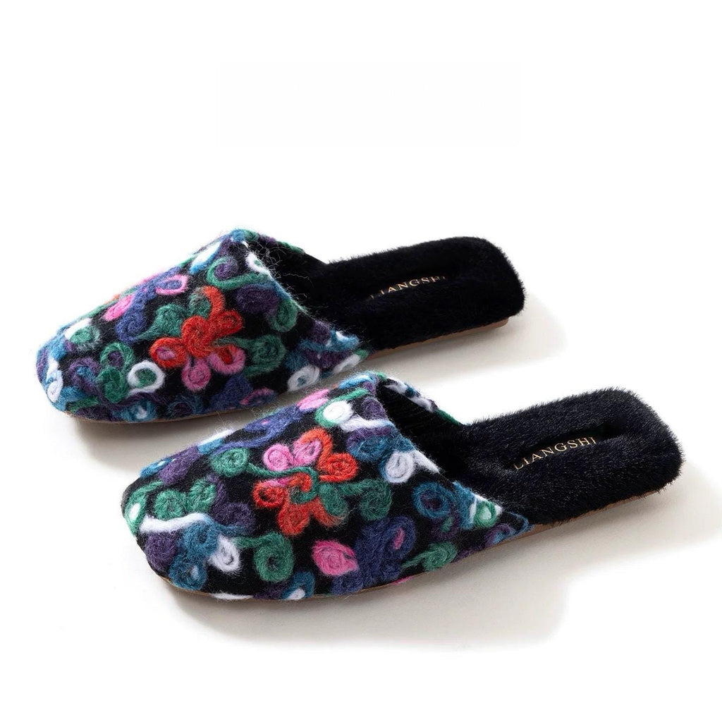 Handmade Wool Felt Floral Slippers - Oriental Style Indoor House Shoes - French Wool Blend Cozy Mules - Winter Women‘s Gift