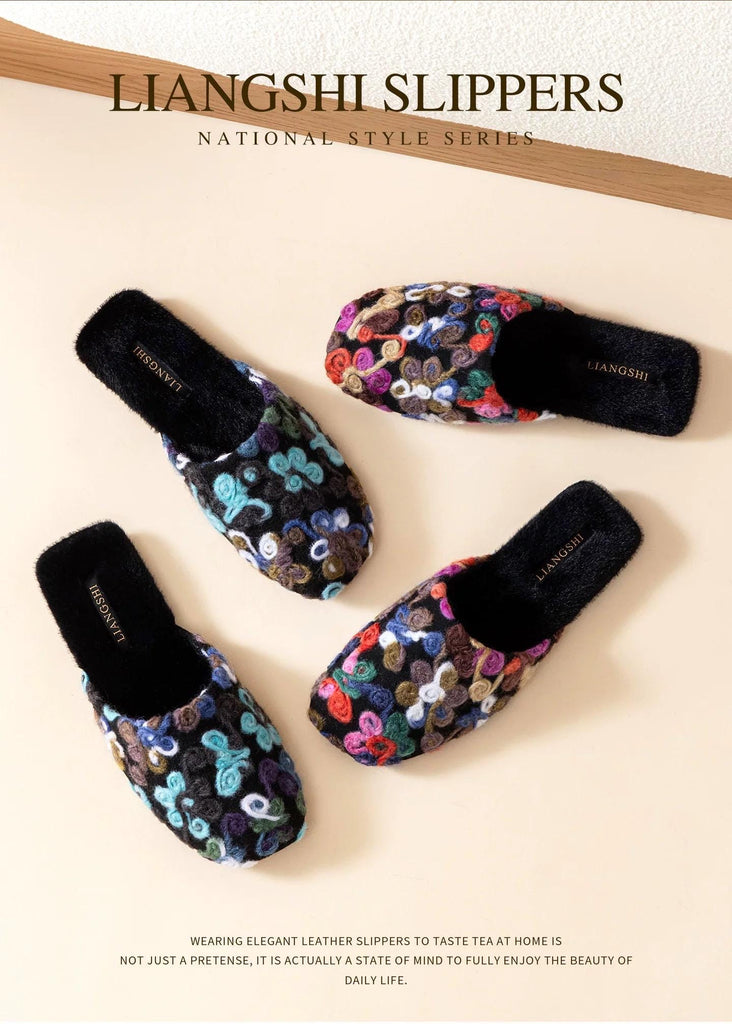Handmade Wool Felt Floral Slippers - Oriental Style Indoor House Shoes - French Wool Blend Cozy Mules - Winter Women‘s Gift
