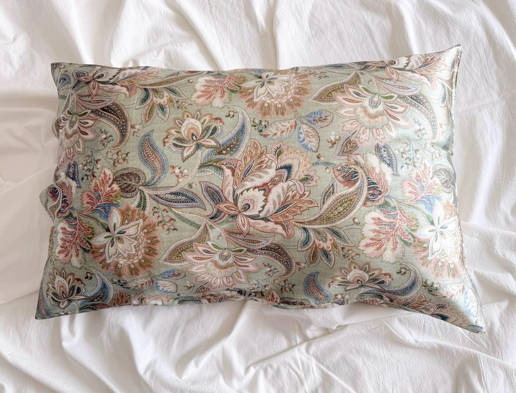 100% Mulberry Silk Pillowcase - Vintage Stylr Floral Pillow – Sage Green Paisley Silk Pillow Cover - Christmas Gift