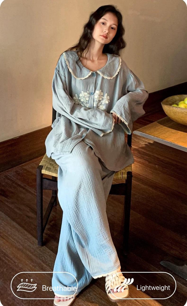 Double Gauze Cotton Pyjamas Set with Embroidered Flowers – Lightweight Breathable Loungewear for Women, All-Season Soft Sleepwear