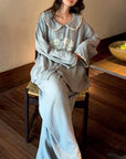 Double Gauze Cotton Pyjamas Set with Embroidered Flowers
