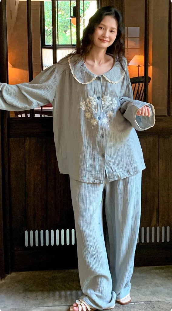 Double Gauze Cotton Pyjamas Set with Embroidered Flowers – Lightweight Breathable Loungewear for Women, All-Season Soft Sleepwear