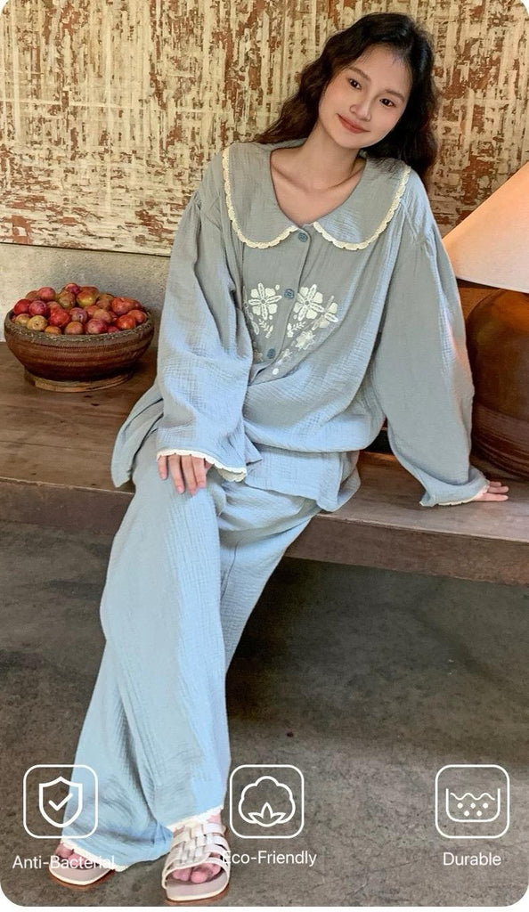 Double Gauze Cotton Pyjamas Set with Embroidered Flowers – Lightweight Breathable Loungewear for Women, All-Season Soft Sleepwear
