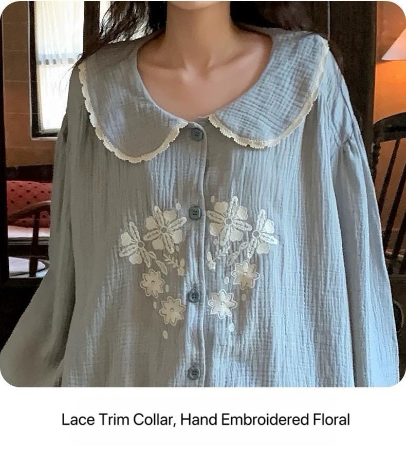 Double Gauze Cotton Pyjamas Set with Embroidered Flowers – Lightweight Breathable Loungewear for Women, All-Season Soft Sleepwear