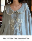 Double Gauze Cotton Pyjamas Set with Embroidered Flowers