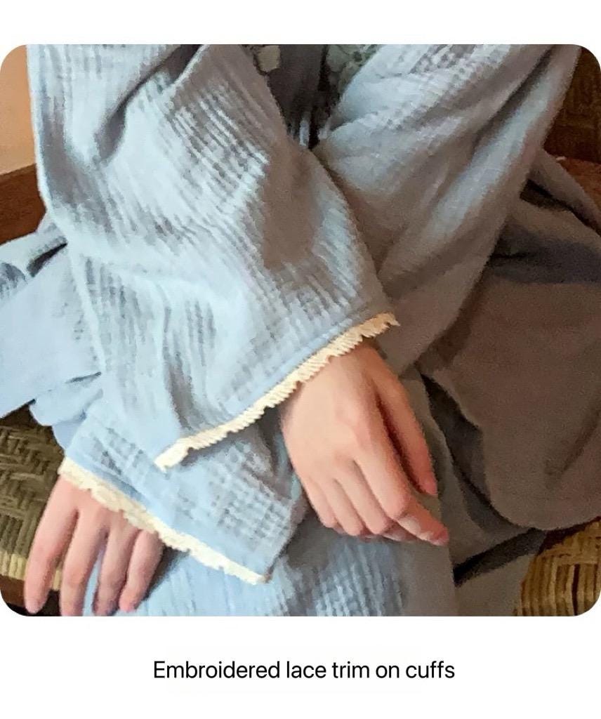 Double Gauze Cotton Pyjamas Set with Embroidered Flowers – Lightweight Breathable Loungewear for Women, All-Season Soft Sleepwear