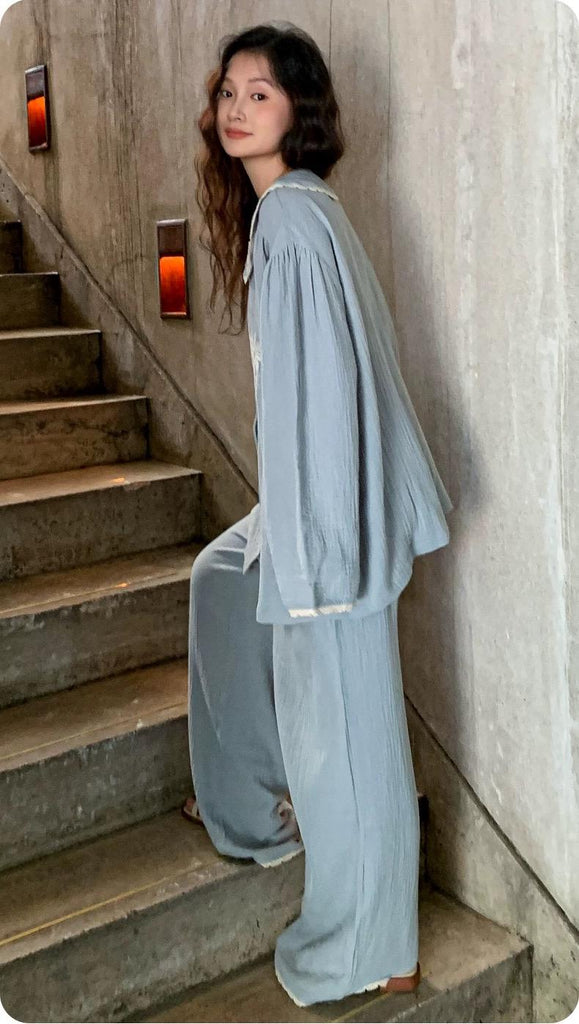 Double Gauze Cotton Pyjamas Set with Embroidered Flowers – Lightweight Breathable Loungewear for Women, All-Season Soft Sleepwear