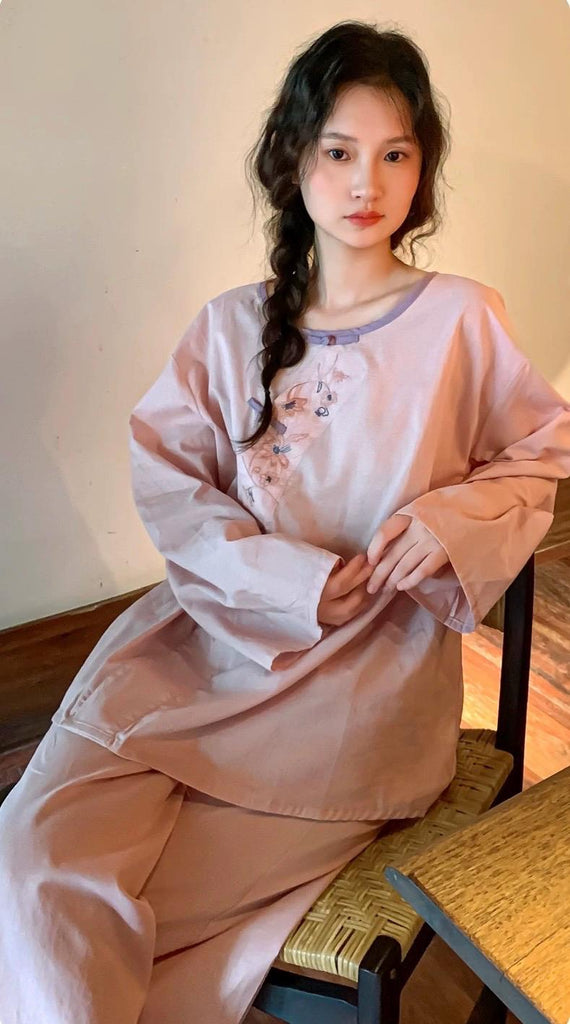Handmade Bamboo Cotton Pyjama Set with Cheongsam-Inspired Collar and Embroidered Cuffs – Soft Loungewear for Women - Elegant Pyjamas Gift