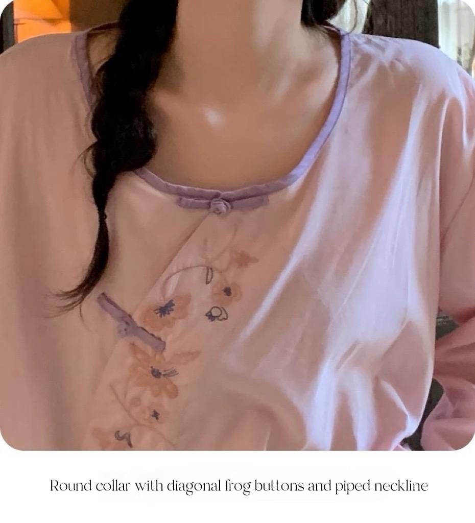 Bamboo Cotton Pyjama Set - Cheongsam Collar and Embroidered Cuffs