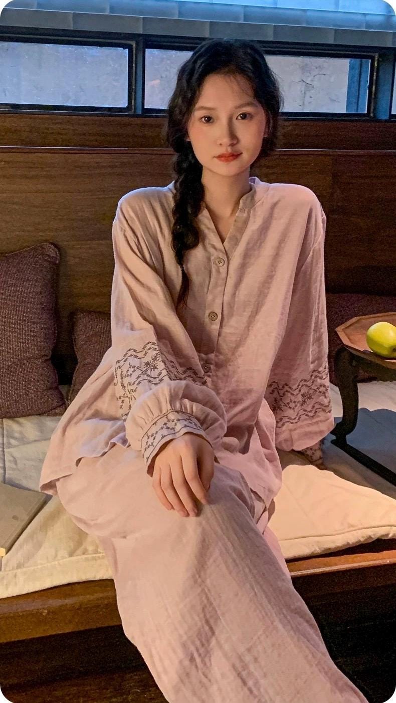 Muslin Cotton Pajamas Set for Women | 100% Cotton Gauze Loungewear with Embroidered Sleeves | Breathable Homewear | Christmas Sleepwear Gif