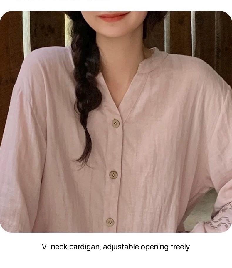 Muslin Cotton Pajamas Set for Women | 100% Cotton Gauze Loungewear with Embroidered Sleeves | Breathable Homewear | Christmas Sleepwear Gif