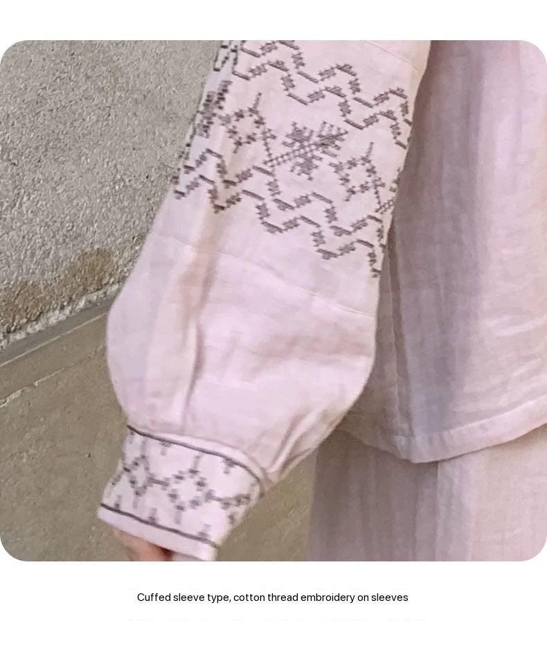 Muslin Cotton Pajamas Set for Women | 100% Cotton Gauze Loungewear with Embroidered Sleeves | Breathable Homewear | Christmas Sleepwear Gif