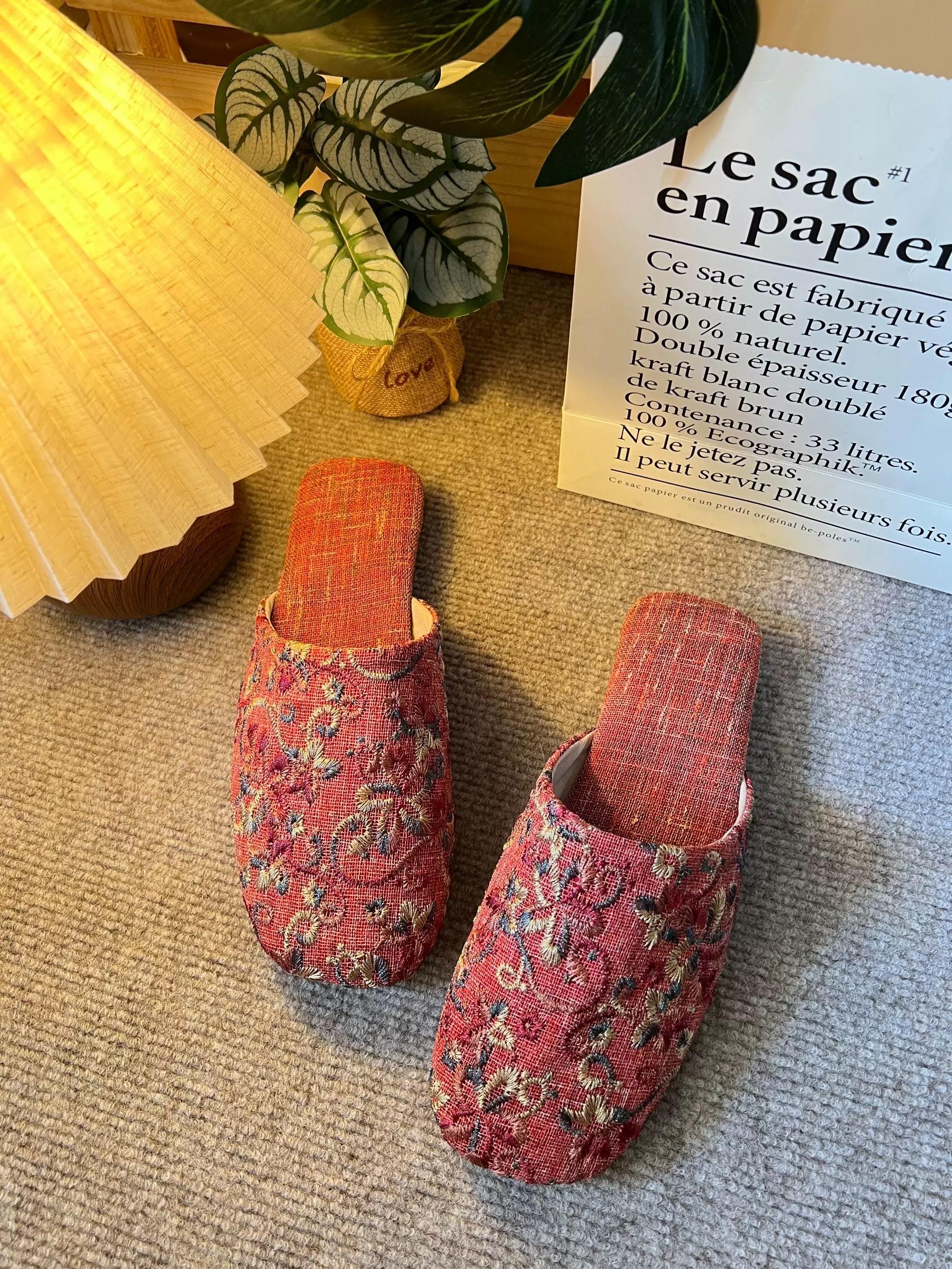 Embroidered Linen Slippers for Women | Vintage Floral House Shoes | Soft Indoor Mules in Beige, Blue, Red | Gift for Her