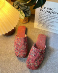 Embroidered Linen Slippers for Women | Vintage Floral House Shoes | Soft Indoor Mules in Beige, Blue, Red | Gift for Her