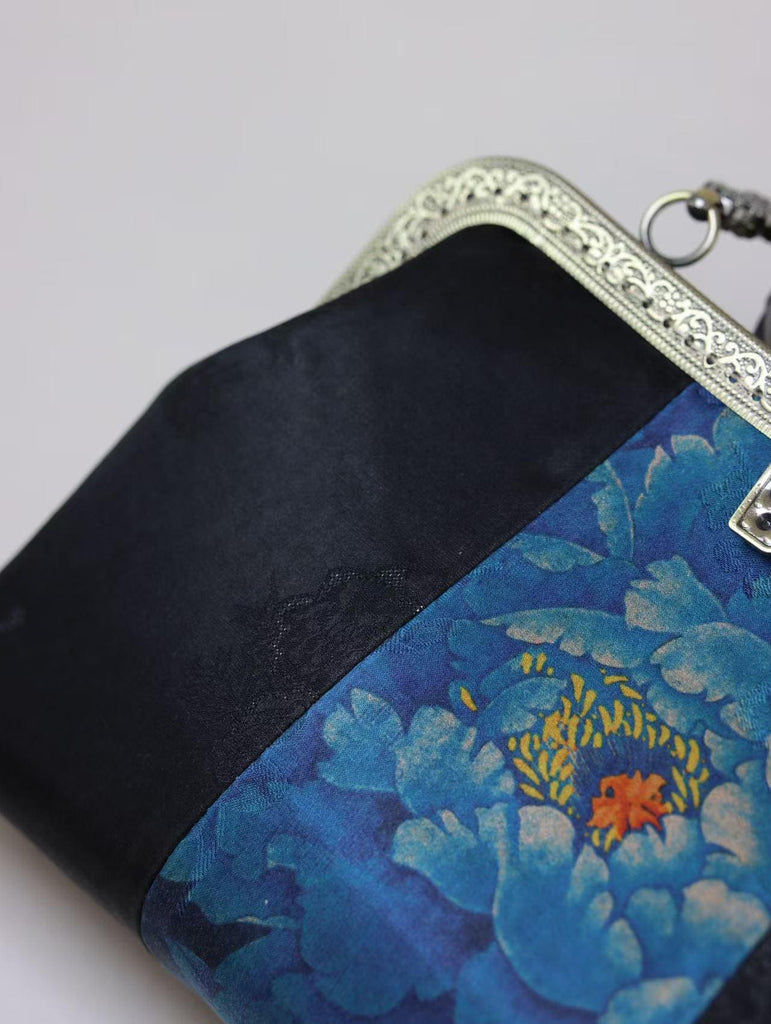 Premium Pure Silk Evening Clutch Bag in Blue and Black|Handmade Oriental Heritage Handbag with Vintage Brass Frame| Shoulder Crossbody Purse