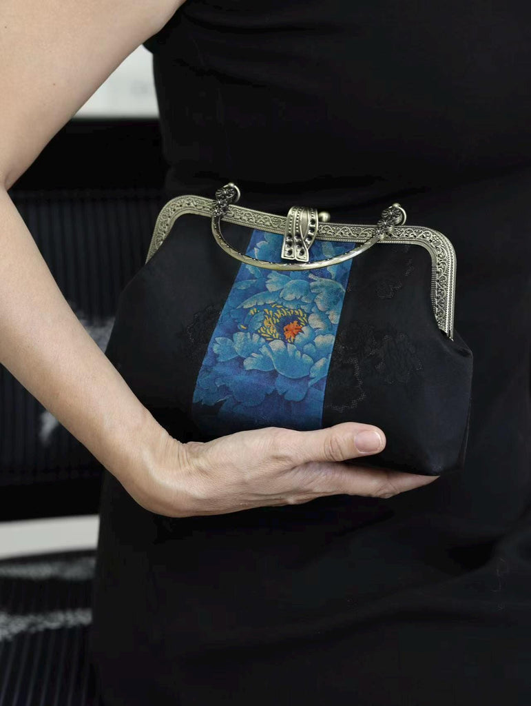 Premium Pure Silk Evening Clutch Bag in Blue and Black|Handmade Oriental Heritage Handbag with Vintage Brass Frame| Shoulder Crossbody Purse