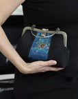 Premium Pure Silk Evening Clutch Bag in Blue and Black|Handmade Oriental Heritage Handbag with Vintage Brass Frame| Shoulder Crossbody Purse
