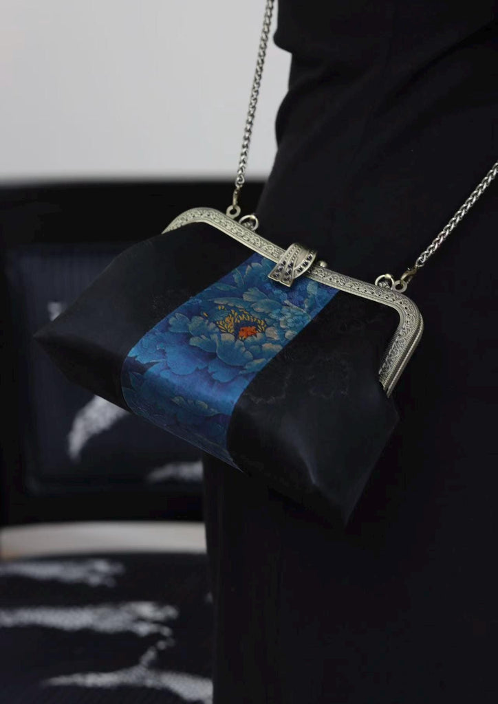 Premium Pure Silk Evening Clutch Bag in Blue and Black|Handmade Oriental Heritage Handbag with Vintage Brass Frame| Shoulder Crossbody Purse