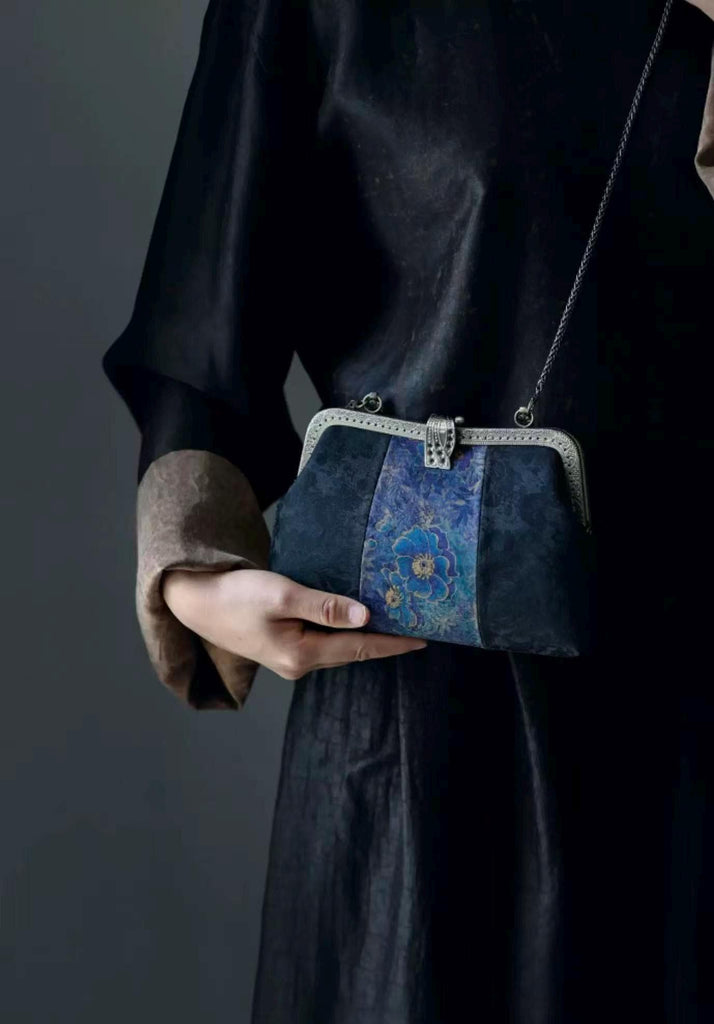 Premium Pure Silk Evening Clutch Bag in Blue and Black|Handmade Oriental Heritage Handbag with Vintage Brass Frame| Shoulder Crossbody Purse