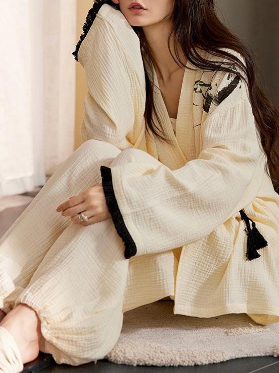 Kimono Style Cotton Loungewear Set – Bamboo Embroidered Gauze Pajamas for Women, Soft 2-Piece Sleepwear, Relaxed Fit Pyjamas, Gift for Her