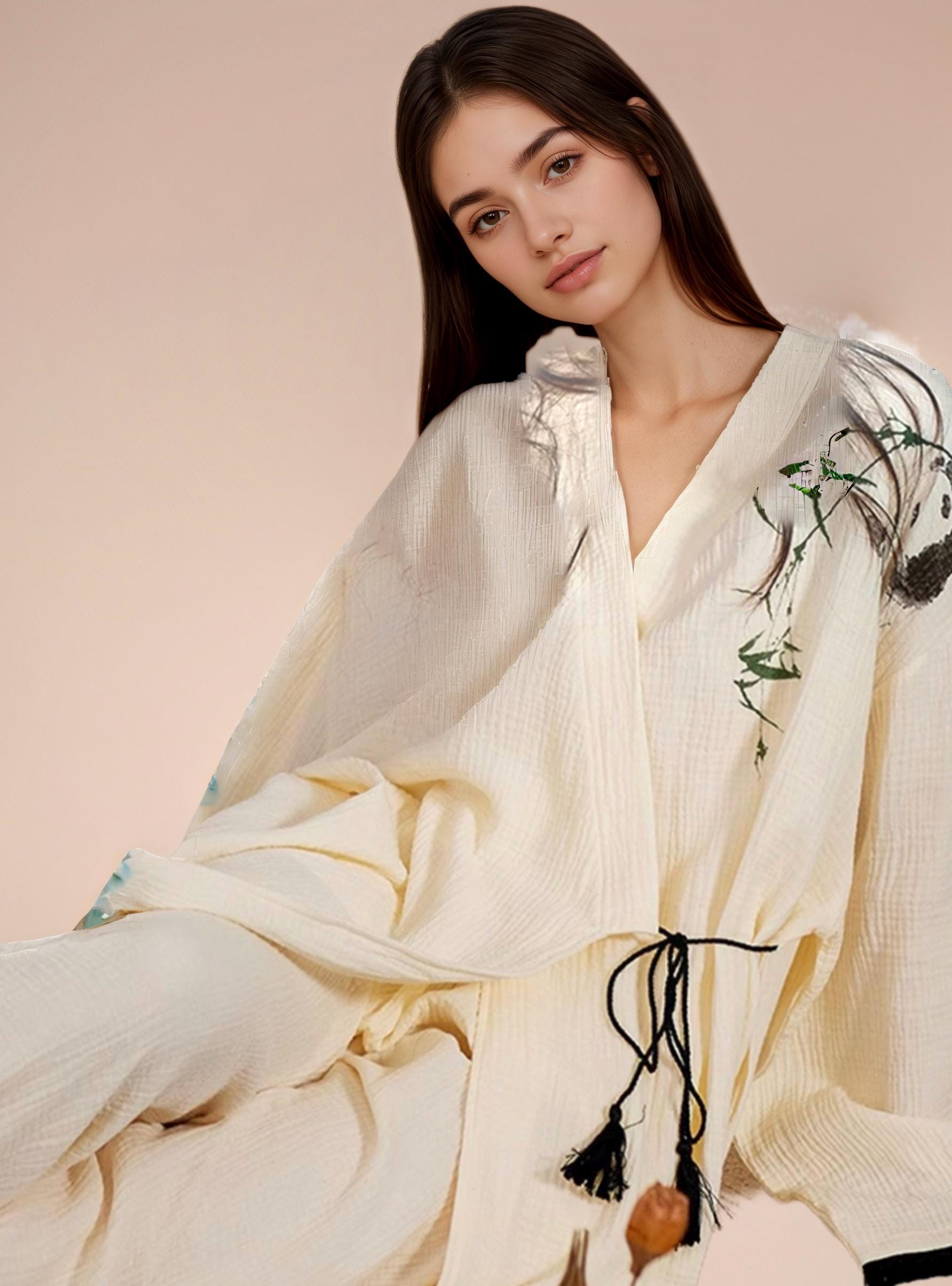Kimono Style Cotton Loungewear Set – Bamboo Embroidered Gauze Pajamas for Women, Soft 2-Piece Sleepwear, Relaxed Fit Pyjamas, Gift for Her
