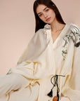 Kimono Style Cotton Loungewear Set – Bamboo Embroidered Gauze Pajamas for Women, Soft 2-Piece Sleepwear, Relaxed Fit Pyjamas, Gift for Her