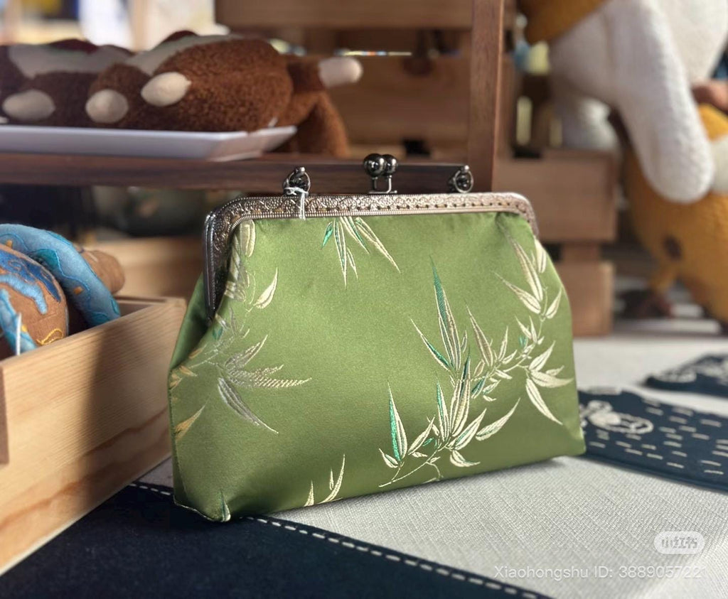 Premium Pure Silk Evening Clutch Bag in Blue and Black|Handmade Oriental Heritage Handbag with Vintage Brass Frame| Shoulder Crossbody Purse
