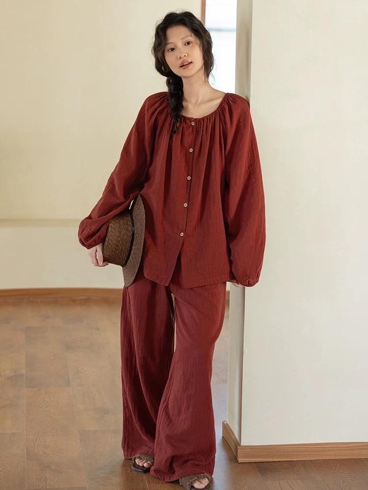 Muted Red Gauze Cotton Pajamas: Two Collars Type | 2025 Christmas Pyjamas | Gift-Ready Organic Loungewear Set