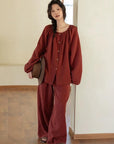 Muted Red Gauze Cotton Pajamas: Two Collars Type | 2025 Christmas Pyjamas | Gift-Ready Organic Loungewear Set