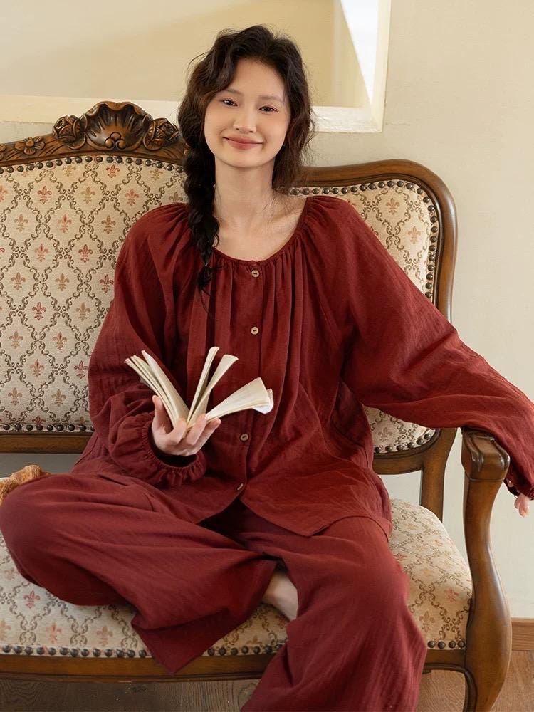 Muted Red Gauze Cotton Pajamas: Two Collars Type | 2025 Christmas Pyjamas | Gift-Ready Organic Loungewear Set