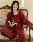 Muted Red Gauze Cotton Pajamas: Two Collars Type | 2025 Christmas Pyjamas | Gift-Ready Organic Loungewear Set