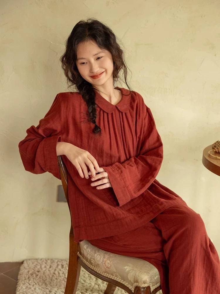 Muted Red Gauze Cotton Pajamas: Two Collars Type | 2025 Christmas Pyjamas | Gift-Ready Organic Loungewear Set