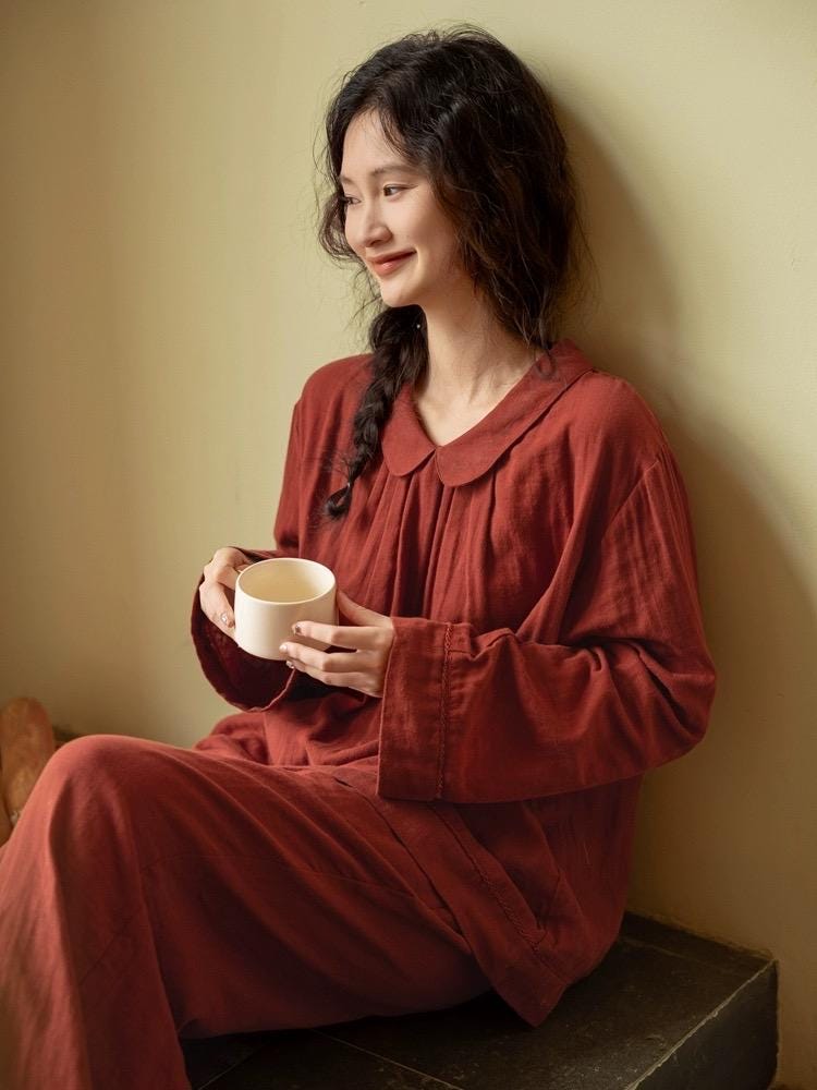 Muted Red Gauze Cotton Pajamas: Two Collars Type | 2025 Christmas Pyjamas | Gift-Ready Organic Loungewear Set