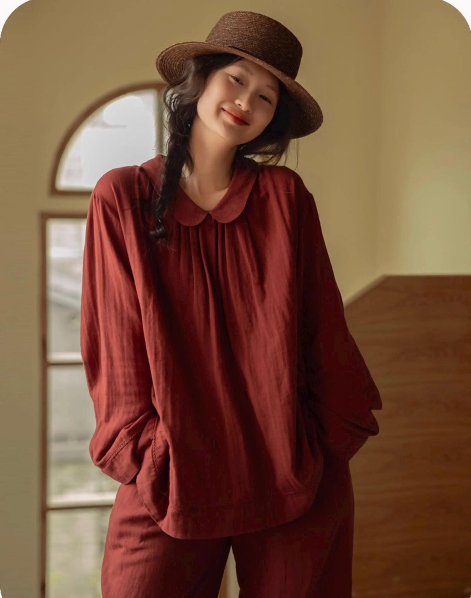 Muted Red Gauze Cotton Pajamas: Two Collars Type | 2025 Christmas Pyjamas | Gift-Ready Organic Loungewear Set