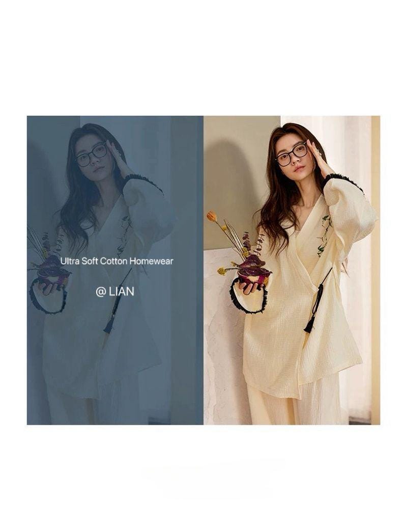 Kimono Style Cotton Loungewear Set – Bamboo Embroidered Gauze Pajamas for Women, Soft 2-Piece Sleepwear, Relaxed Fit Pyjamas, Gift for Her