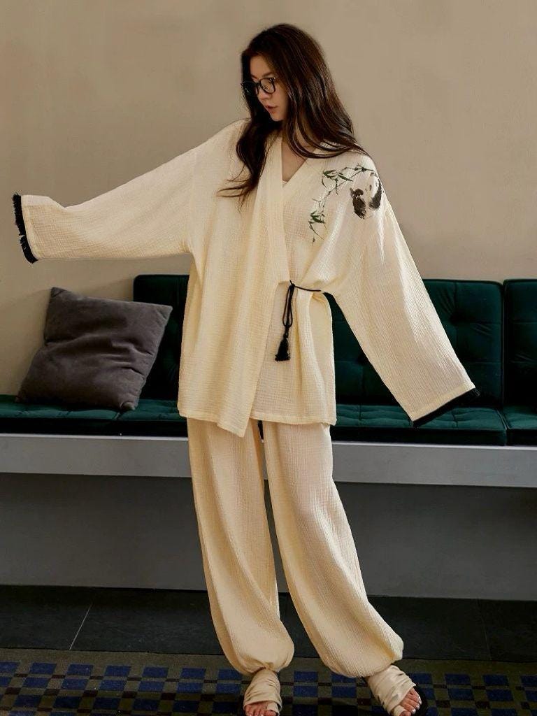 Kimono Style Cotton Loungewear Set – Bamboo Embroidered Gauze Pajamas for Women, Soft 2-Piece Sleepwear, Relaxed Fit Pyjamas, Gift for Her