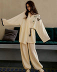 Kimono Style Cotton Loungewear Set – Bamboo Embroidered Gauze Pajamas for Women, Soft 2-Piece Sleepwear, Relaxed Fit Pyjamas, Gift for Her