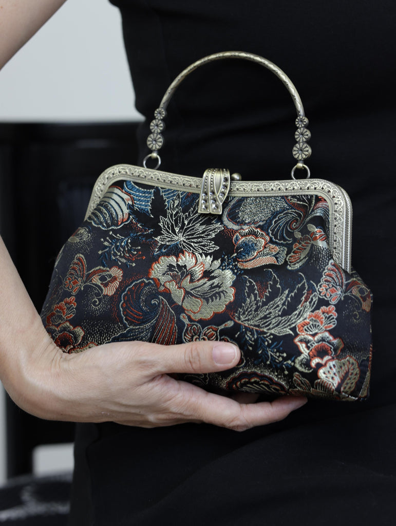 Handmade Song Brocade Silk Handbag “Jinsha Feidie” | Oriental Evening Bag with Vintage Brass Frame | Crossbody Heritage Purse for Women