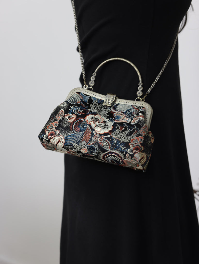 Handmade Song Brocade Silk Handbag “Jinsha Feidie” | Oriental Evening Bag with Vintage Brass Frame | Crossbody Heritage Purse for Women